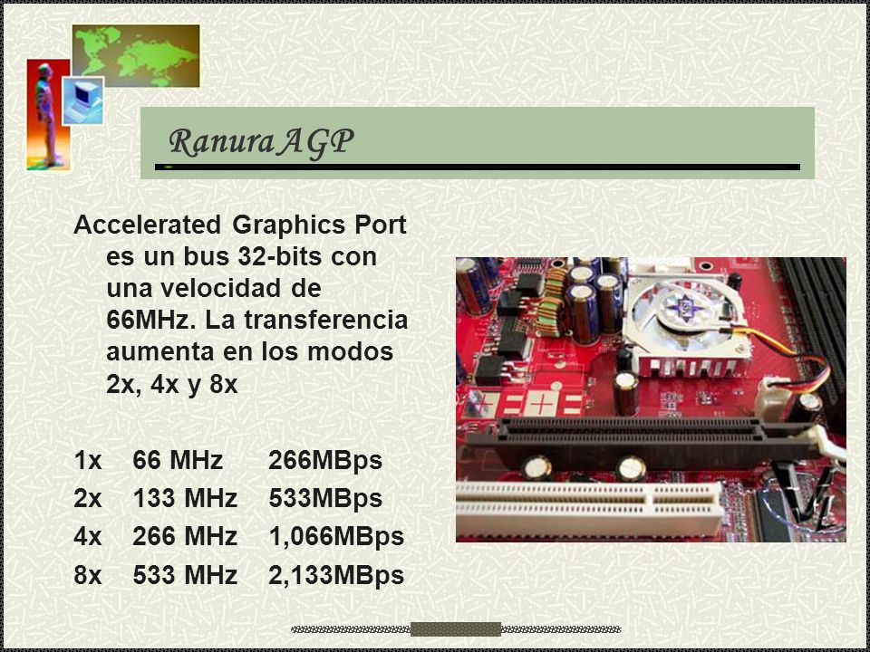 Ranura AGP Accelerated Graphics Port es un bus 32-bits con una velocidad de 66MHz. La transferencia aumenta en los modos 2x, 4x y 8x.