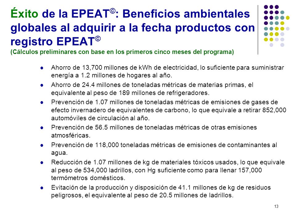 Éxito de la EPEAT©: Beneficios ambientales globales al adquirir a la fecha productos con registro EPEAT© (Cálculos preliminares con base en los primeros cinco meses del programa)