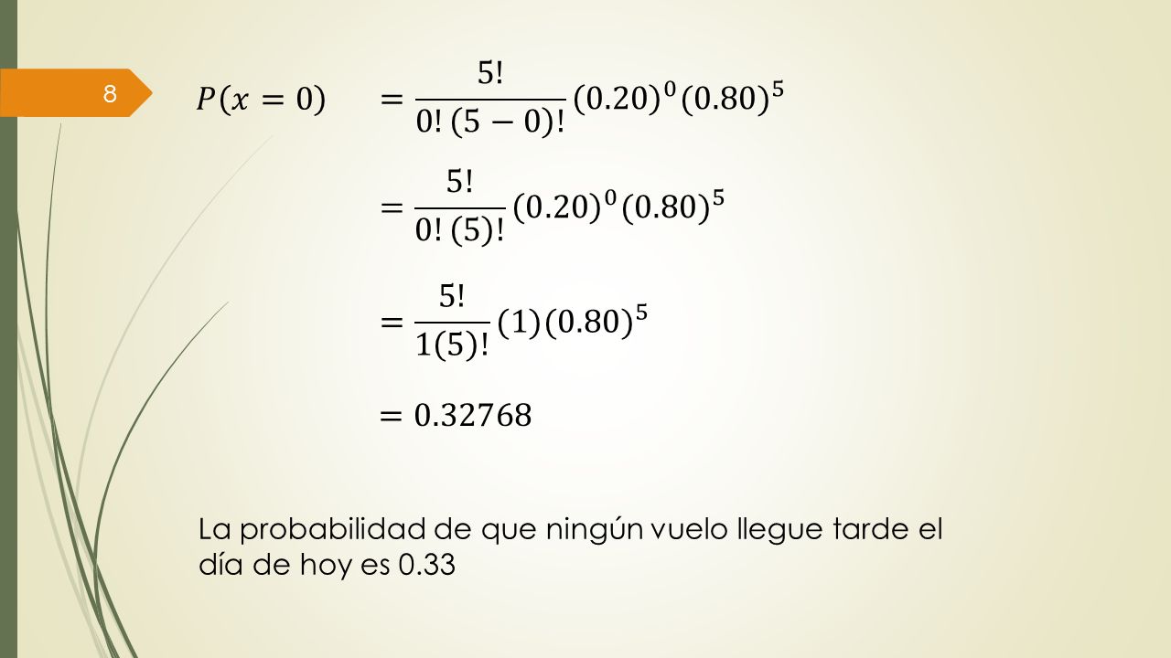 = 5! 0! 5−0 ! (0.80) 5 𝑃 𝑥=0. = 5! 0! 5 ! (0.80) 5. = 5! 1 5 ! (1) (0.80) 5.