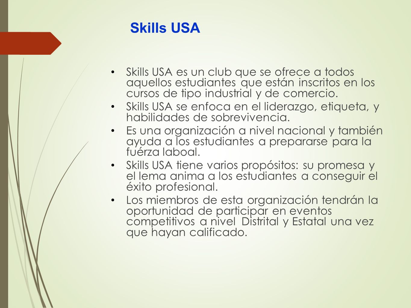 Skills USA Skills USA es un club que se ofrece a todos aquellos estudiantes que están inscritos en los cursos de tipo industrial y de comercio.