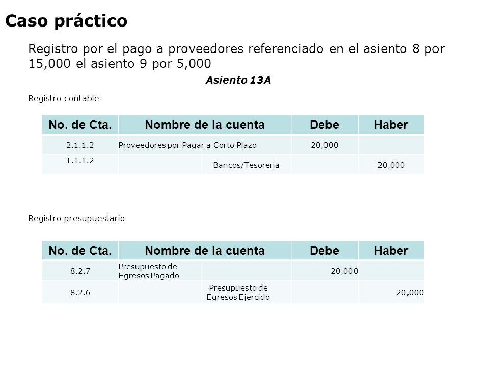 Caso práctico Registro por el pago a proveedores referenciado en el asiento 8 por 15,000 el asiento 9 por 5,000.