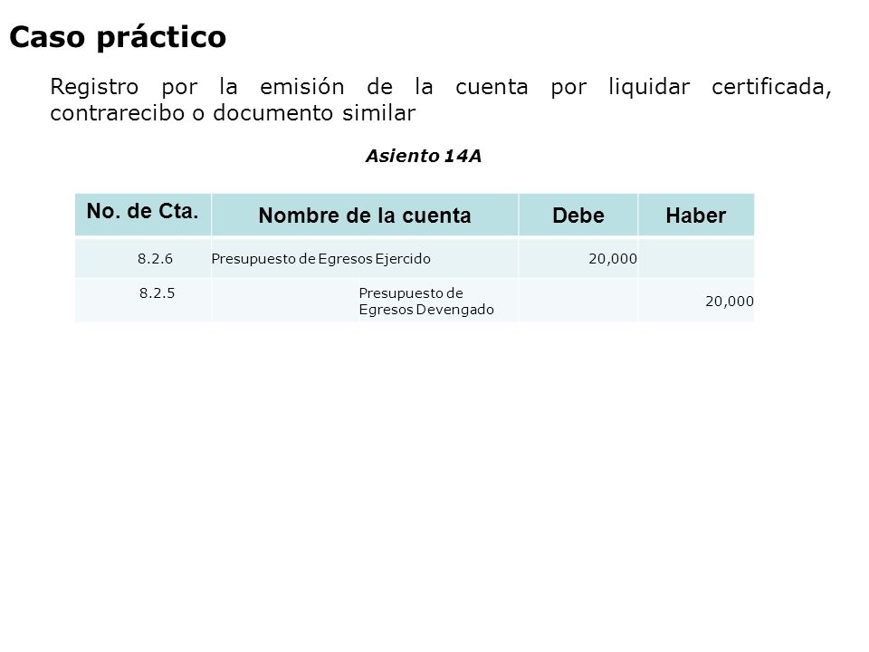 Caso práctico Registro por la emisión de la cuenta por liquidar certificada, contrarecibo o documento similar.