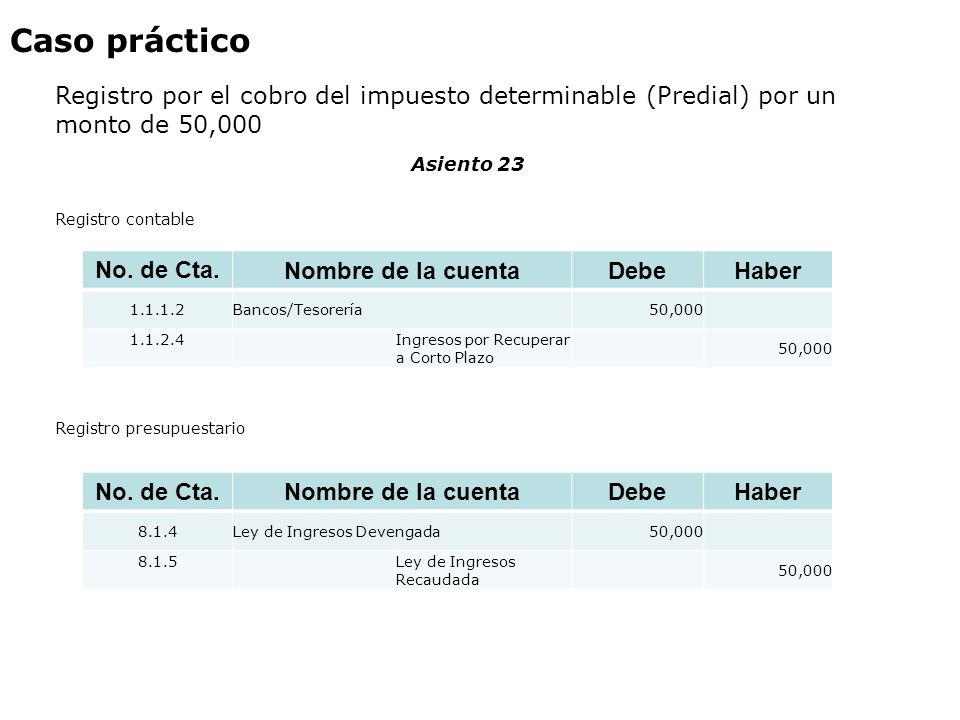 Caso práctico Registro por el cobro del impuesto determinable (Predial) por un monto de 50,000. Asiento 23.