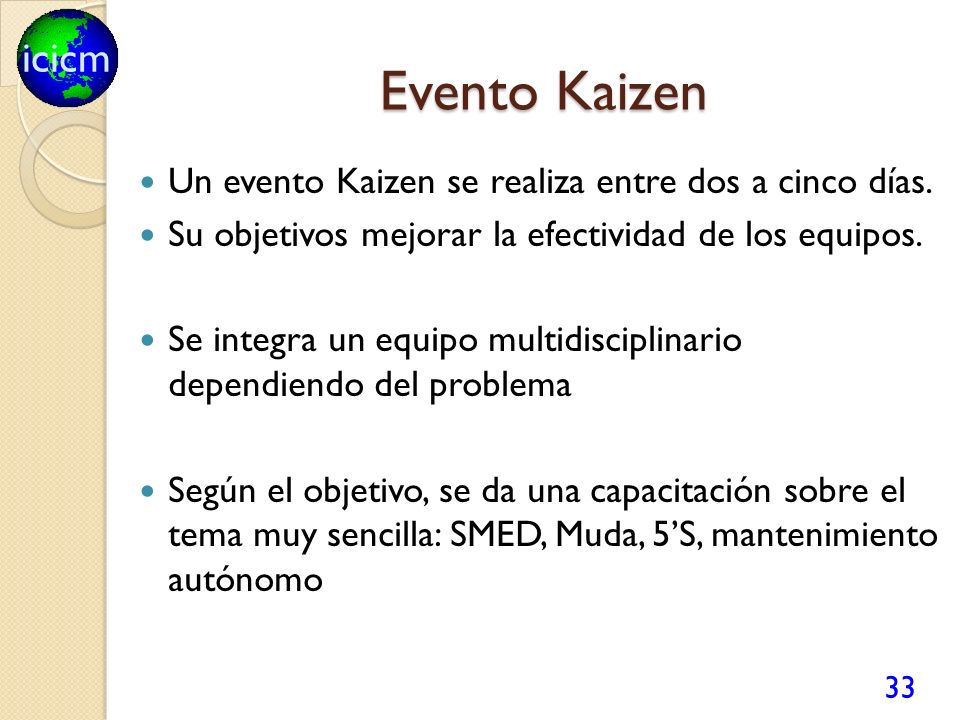 Evento Kaizen Un evento Kaizen se realiza entre dos a cinco días.
