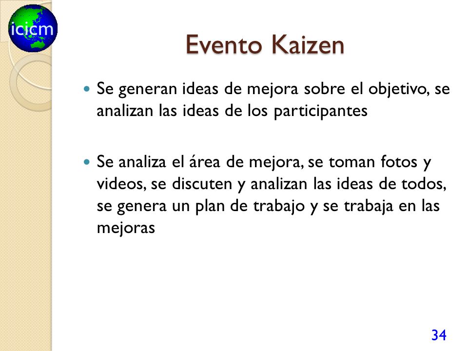 Evento Kaizen Se generan ideas de mejora sobre el objetivo, se analizan las ideas de los participantes.