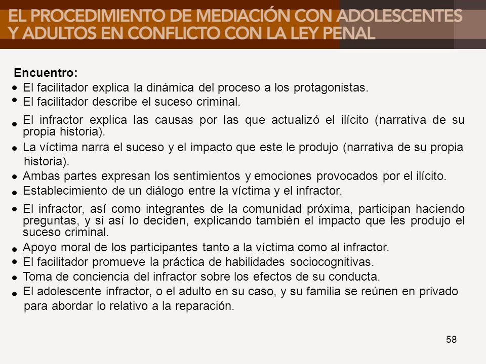 Encuentro: El facilitador explica la dinámica del proceso a los protagonistas. El facilitador describe el suceso criminal.
