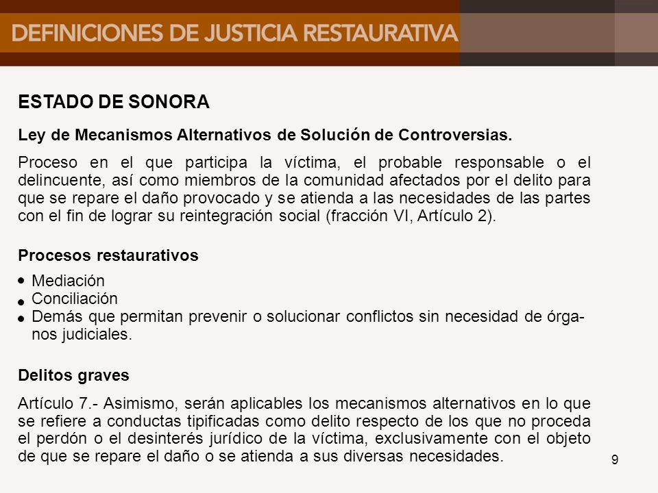 ESTADO DE SONORA Ley de Mecanismos Alternativos de Solución de Controversias.