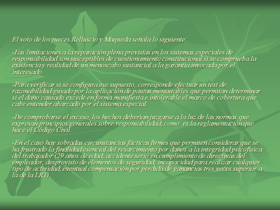 El voto de los jueces Belluscio y Maqueda señala lo siguiente: -Las limitaciones a la reparación plena previstas en los sistemas especiales de responsabilidad son susceptibles de cuestionamiento constitucional si se comprueba la existencia y realidad de un menoscabo sustancial a la garantía invocada por el interesado.