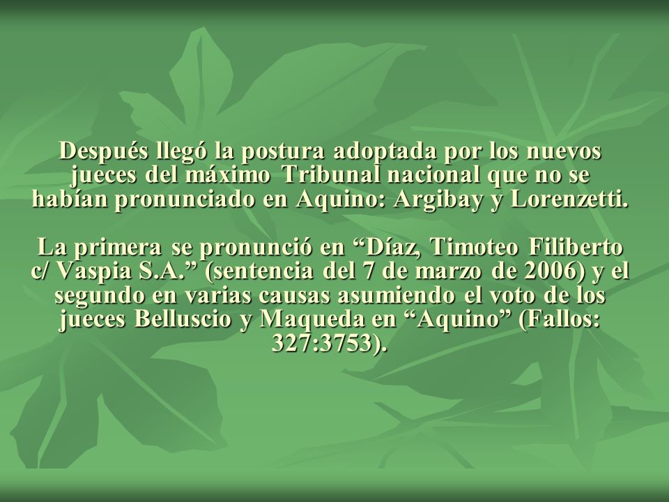 Después llegó la postura adoptada por los nuevos jueces del máximo Tribunal nacional que no se habían pronunciado en Aquino: Argibay y Lorenzetti.