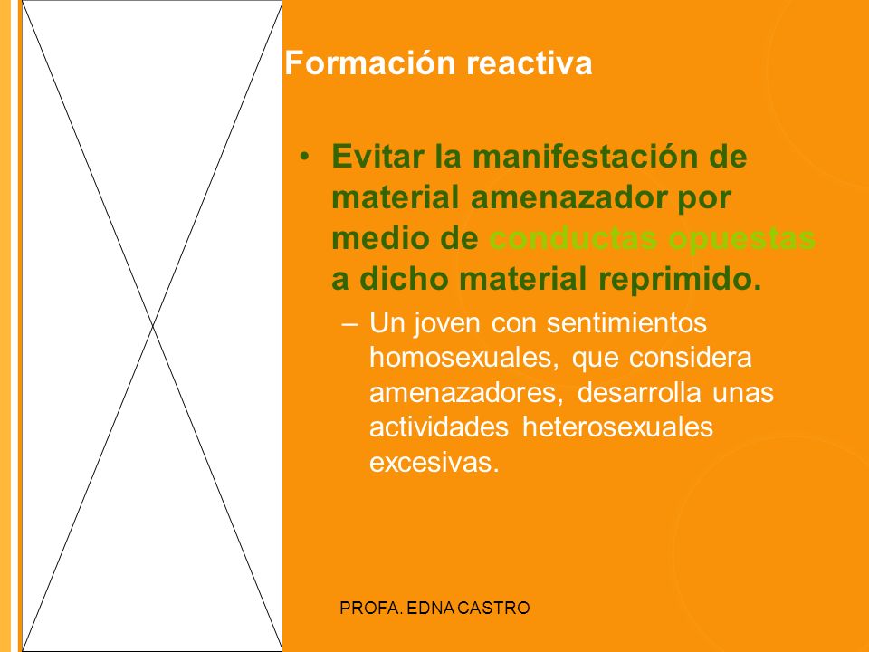 Formación reactiva Evitar la manifestación de material amenazador por medio de conductas opuestas a dicho material reprimido.