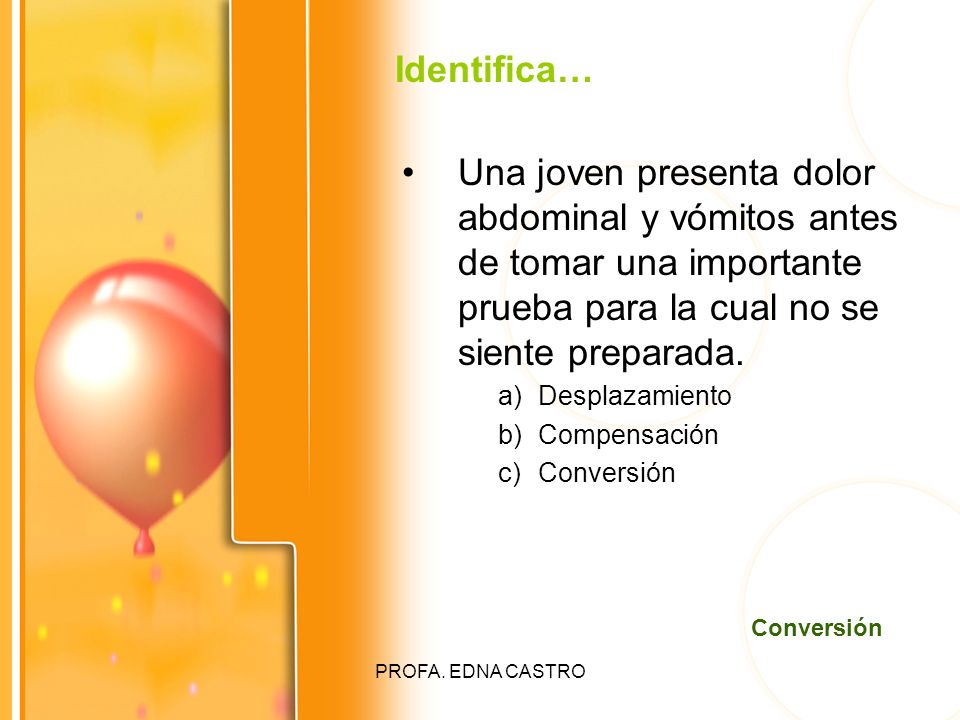 Identifica… Una joven presenta dolor abdominal y vómitos antes de tomar una importante prueba para la cual no se siente preparada.