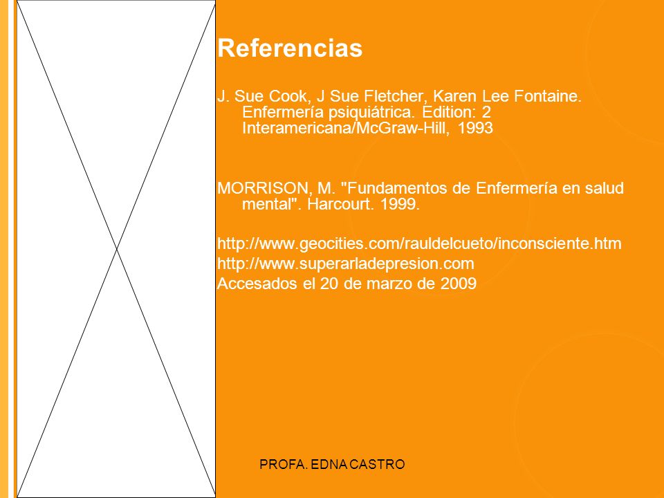 Referencias J. Sue Cook, J Sue Fletcher, Karen Lee Fontaine. Enfermería psiquiátrica. Edition: 2 Interamericana/McGraw-Hill,