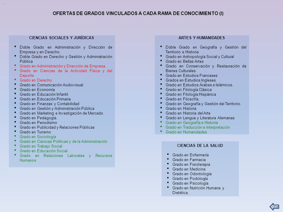 OFERTAS DE GRADOS VINCULADOS A CADA RAMA DE CONOCIMIENTO (I)