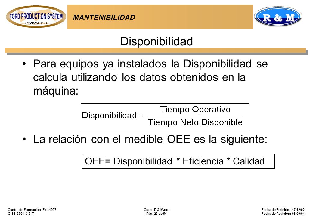 MANTENIBILIDAD Disponibilidad. Para equipos ya instalados la Disponibilidad se calcula utilizando los datos obtenidos en la máquina: