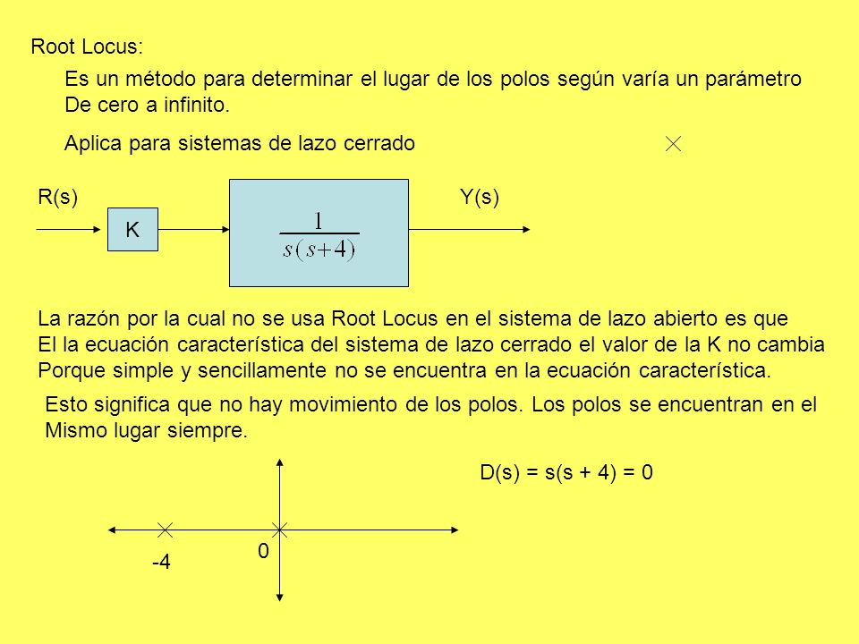 Root Locus: Es un método para determinar el lugar de los polos según varía un parámetro. De cero a infinito.
