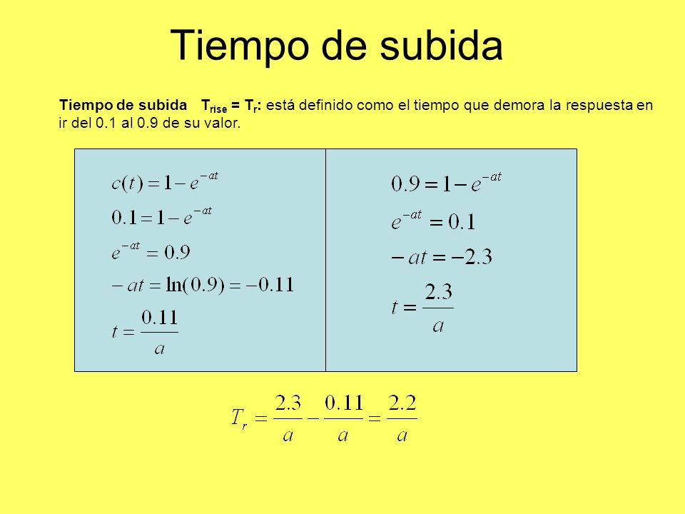 Tiempo de subida Tiempo de subida Trise = Tr: está definido como el tiempo que demora la respuesta en ir del 0.1 al 0.9 de su valor.