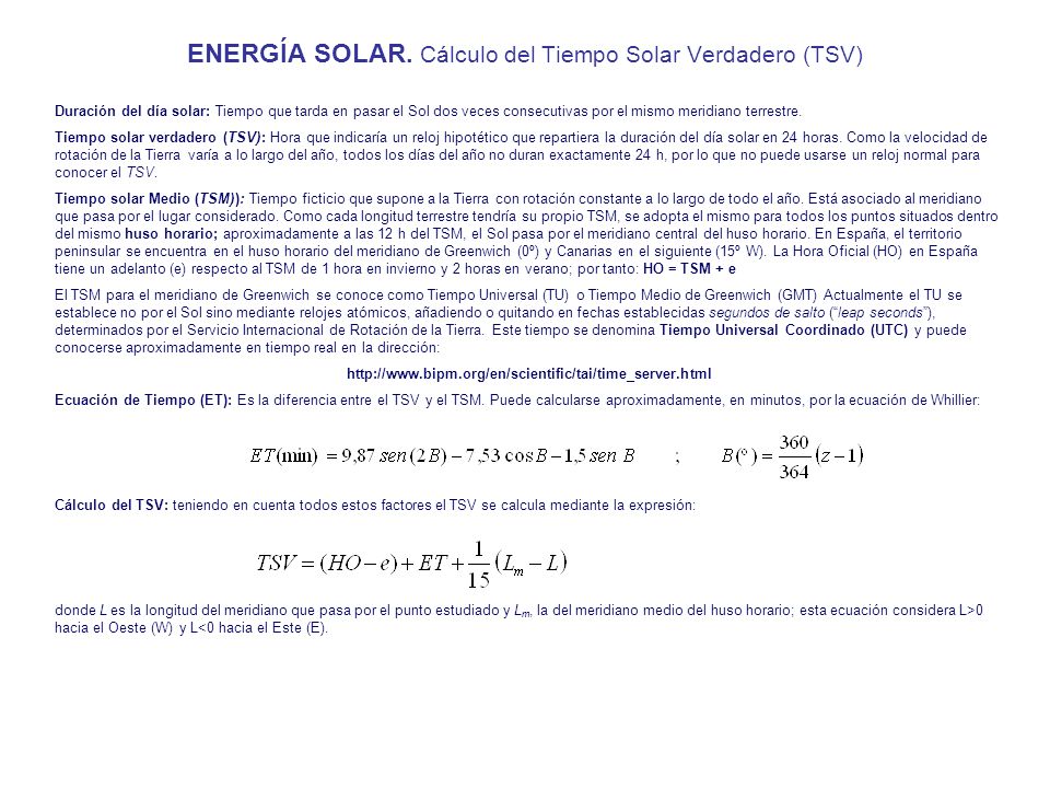 ENERGÍA SOLAR. Cálculo del Tiempo Solar Verdadero (TSV)