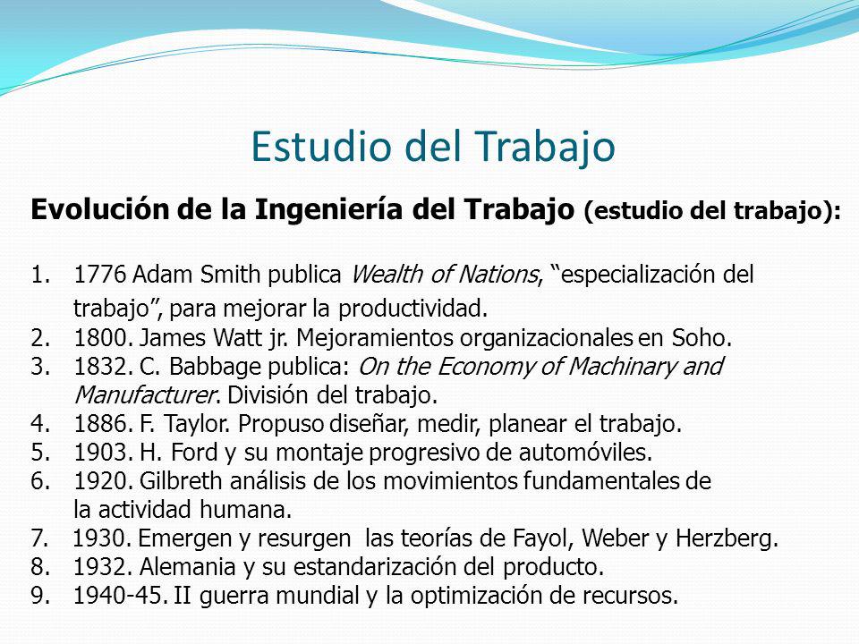 Estudio del Trabajo Evolución de la Ingeniería del Trabajo (estudio del trabajo): 1776 Adam Smith publica Wealth of Nations, especialización del.