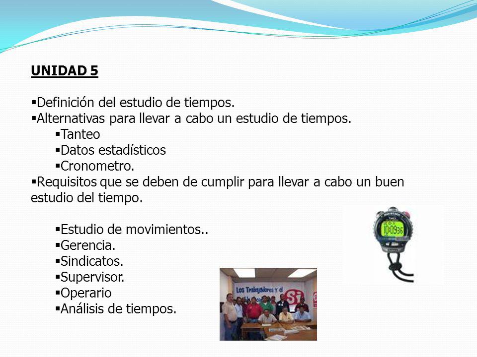 UNIDAD 5 Definición del estudio de tiempos. Alternativas para llevar a cabo un estudio de tiempos.