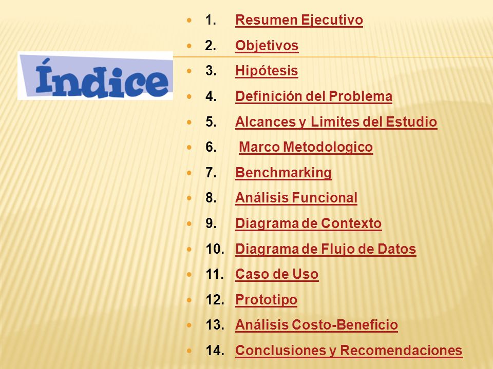 1. Resumen Ejecutivo 2. Objetivos. 3. Hipótesis. 4. Definición del Problema. 5. Alcances y Limites del Estudio.