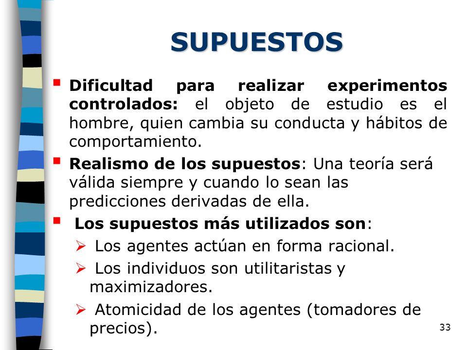 SUPUESTOS Dificultad para realizar experimentos controlados: el objeto de estudio es el hombre, quien cambia su conducta y hábitos de comportamiento.