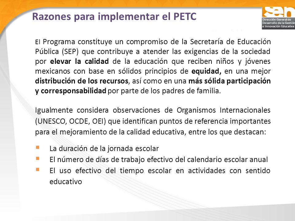 Razones para implementar el PETC