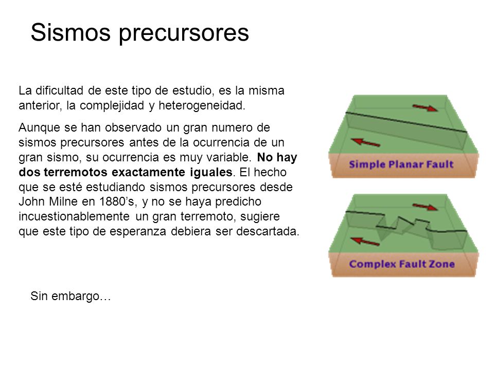 Sismos precursores La dificultad de este tipo de estudio, es la misma anterior, la complejidad y heterogeneidad.