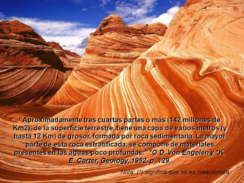 Aproximadamente tres cuartas partes o más (142 millones de Km2), de la superficie terrestre, tiene una capa de varios metros (y hasta 12 Km) de grosor, formada por roca sedimentaria. La mayor parte de esta roca estratificada, se compone de materiales presentes en las aguas poco profundas. *O.D. Von Engelen y *K. E. Carter, Geology, 1952, p. 129.