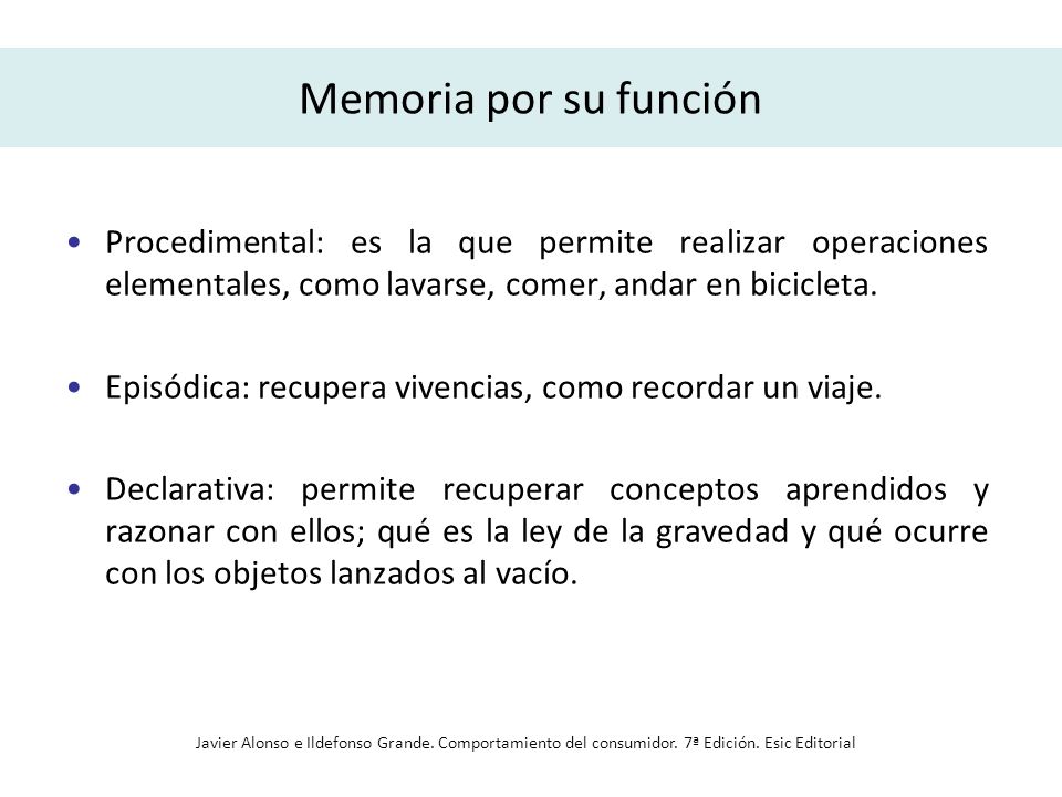 Memoria por su función Procedimental: es la que permite realizar operaciones elementales, como lavarse, comer, andar en bicicleta.