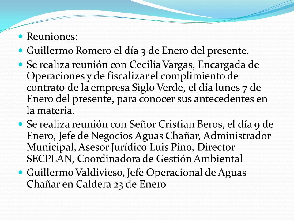 Reuniones: Guillermo Romero el día 3 de Enero del presente.