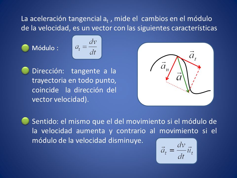 La aceleración tangencial at , mide el cambios en el módulo de la velocidad, es un vector con las siguientes características
