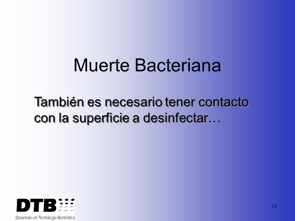 Muerte Bacteriana También es necesario tener contacto con la superficie a desinfectar…