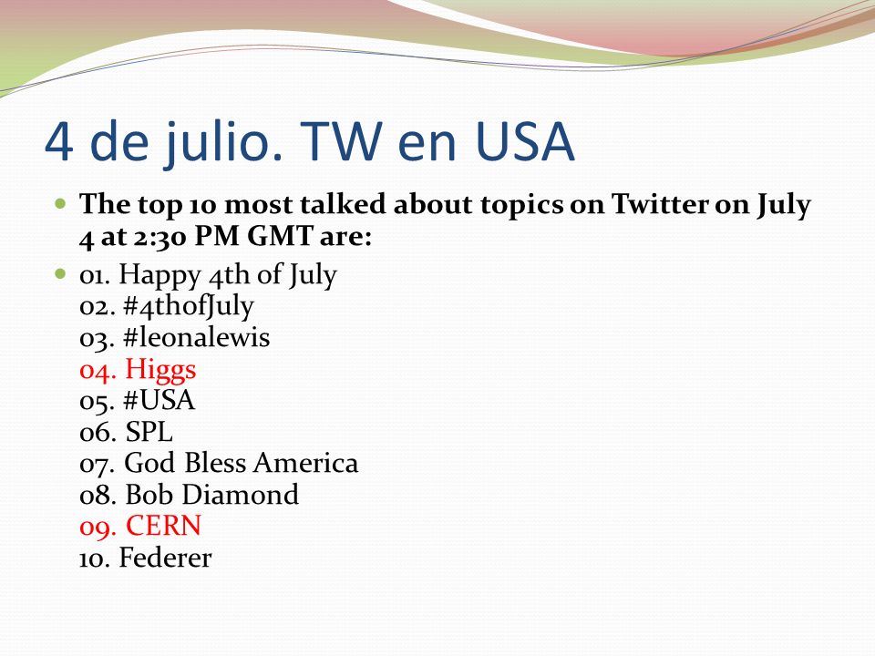 4 de julio. TW en USA The top 10 most talked about topics on Twitter on July 4 at 2:30 PM GMT are: