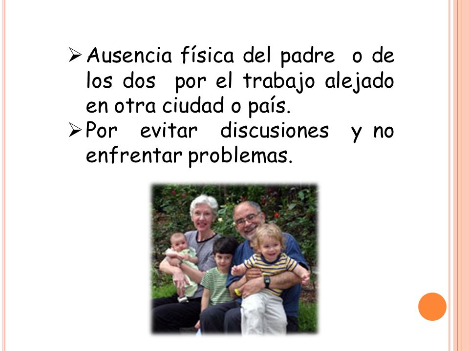 Ausencia física del padre o de los dos por el trabajo alejado en otra ciudad o país.