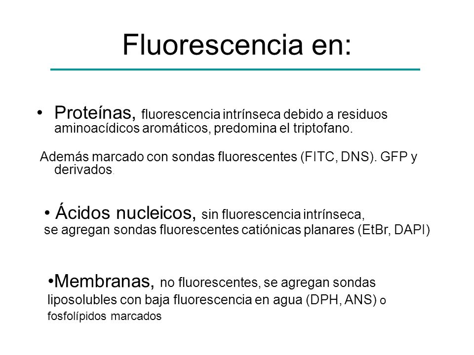 Fluorescencia en: Proteínas, fluorescencia intrínseca debido a residuos aminoacídicos aromáticos, predomina el triptofano.