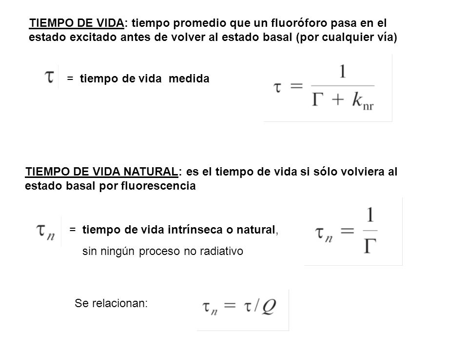 TIEMPO DE VIDA: tiempo promedio que un fluoróforo pasa en el estado excitado antes de volver al estado basal (por cualquier vía)