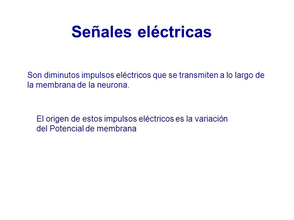 Señales eléctricas Son diminutos impulsos eléctricos que se transmiten a lo largo de. la membrana de la neurona.