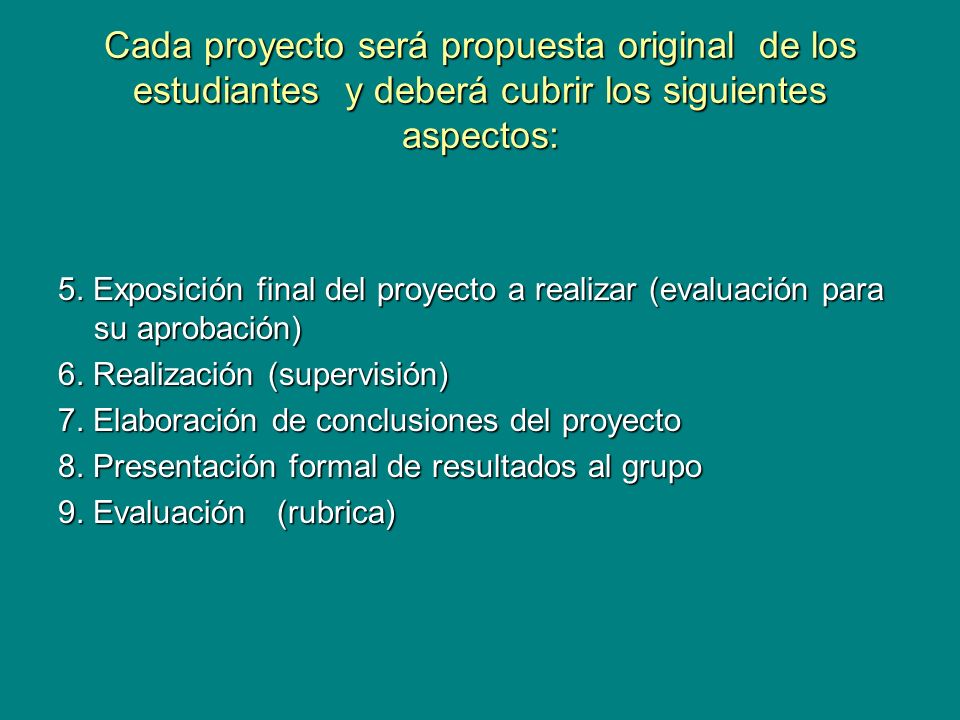 Cada proyecto será propuesta original de los estudiantes y deberá cubrir los siguientes aspectos: