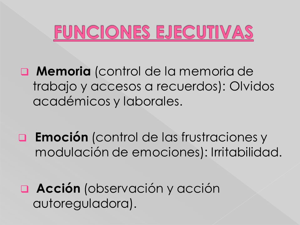 FUNCIONES EJECUTIVAS Memoria (control de la memoria de trabajo y accesos a recuerdos): Olvidos académicos y laborales.