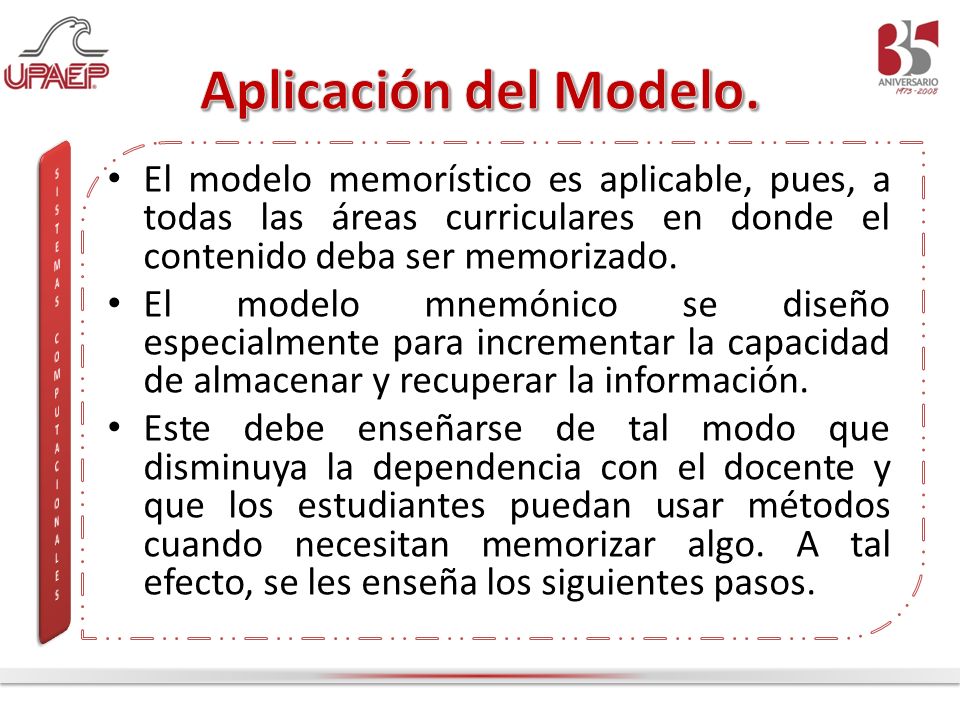 Aplicación del Modelo. El modelo memorístico es aplicable, pues, a todas las áreas curriculares en donde el contenido deba ser memorizado.