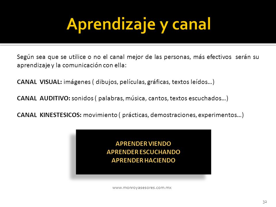 Aprendizaje y canal Según sea que se utilice o no el canal mejor de las personas, más efectivos serán su aprendizaje y la comunicación con ella: