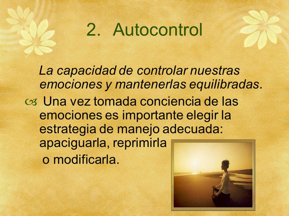 Autocontrol La capacidad de controlar nuestras emociones y mantenerlas equilibradas.