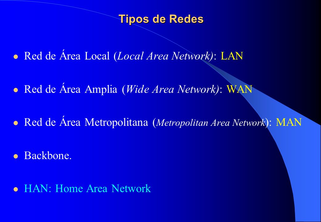 Tipos de Redes Red de Área Local (Local Area Network): LAN. Red de Área Amplia (Wide Area Network): WAN.