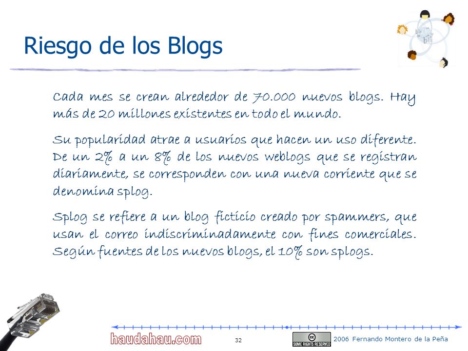 Riesgo de los Blogs Cada mes se crean alrededor de nuevos blogs. Hay más de 20 millones existentes en todo el mundo.