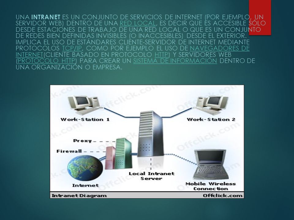 Una intranet es un conjunto de servicios de Internet (por ejemplo, un servidor Web) dentro de una red local, es decir que es accesible sólo desde estaciones de trabajo de una red local o que es un conjunto de redes bien definidas invisibles (o inaccesibles) desde el exterior.