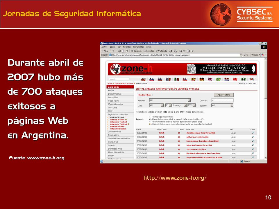 Durante abril de 2007 hubo más de 700 ataques exitosos a páginas Web