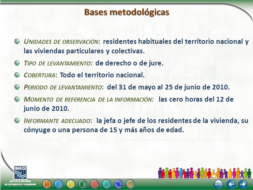 Bases metodológicas Unidades de observación: residentes habituales del territorio nacional y las viviendas particulares y colectivas.