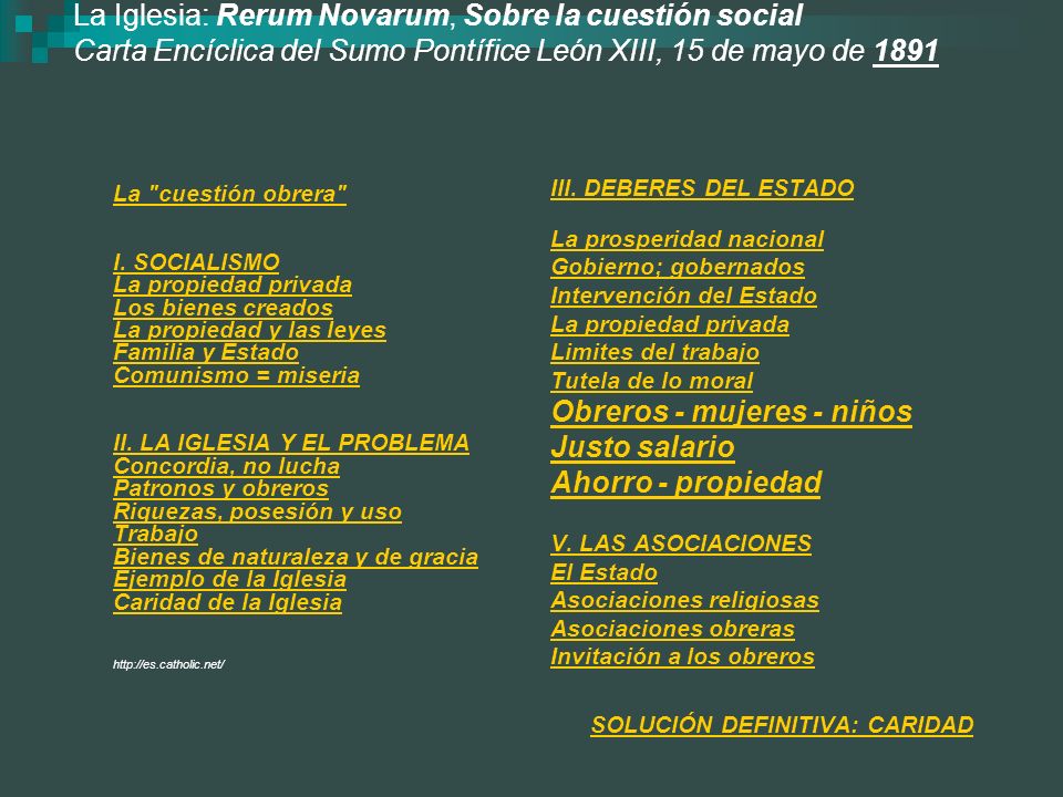 La Iglesia: Rerum Novarum, Sobre la cuestión social Carta Encíclica del Sumo Pontífice León XIII, 15 de mayo de 1891
