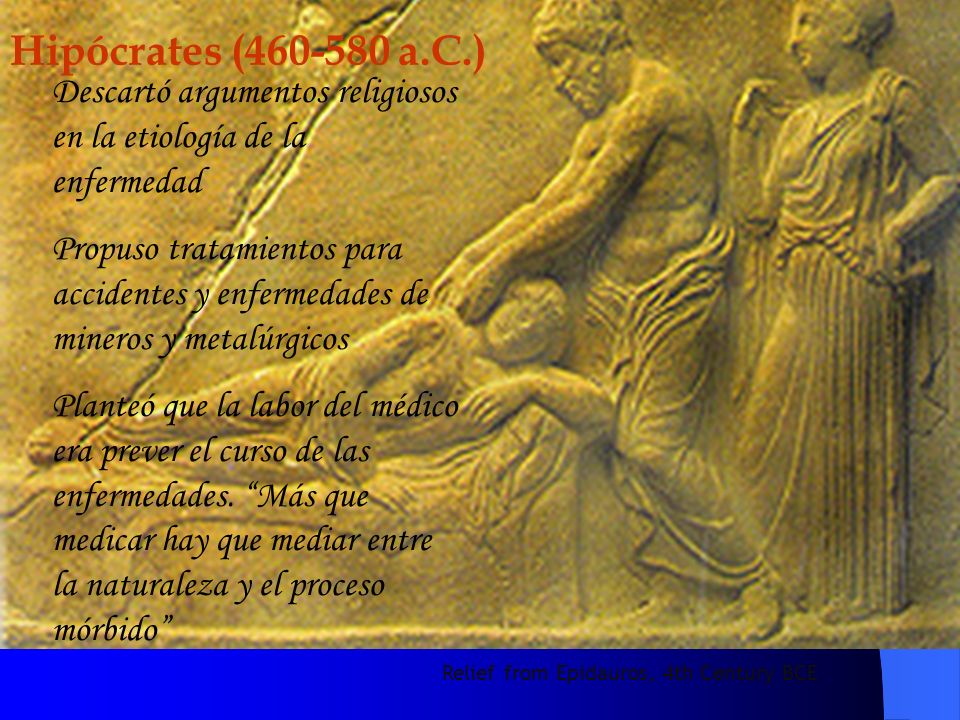 Hipócrates ( a.C.) Descartó argumentos religiosos en la etiología de la enfermedad.