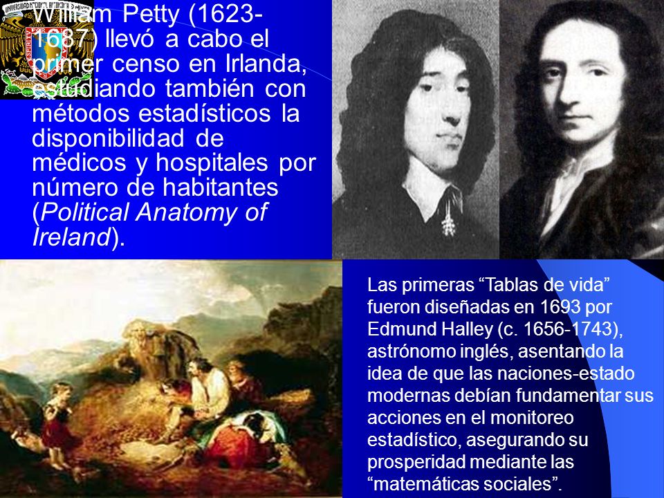 William Petty ( ) llevó a cabo el primer censo en Irlanda, estudiando también con métodos estadísticos la disponibilidad de médicos y hospitales por número de habitantes (Political Anatomy of Ireland).